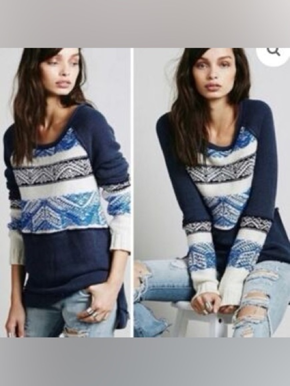 Free People Snow Angel Frayed Raw Hem Long Sleeve Sweater- Multi/Blue- Size XS